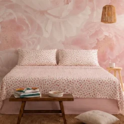 Completo Lenzuola Matrimoniale in Cotone Fiorellini Rosa Fondo Bianco