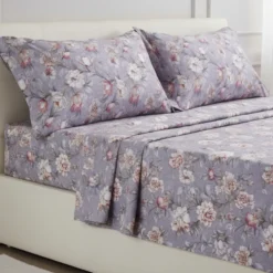 Completo lenzuola matrimoniali puro cotone ISOLDE floreale grigio