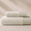 Coppia Asciugamani 1+1 panna con bordo a righe verdi stile Shabby
