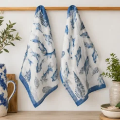 Coppia strofinacci da cucina Malè 100% cotone fantasia marina blu