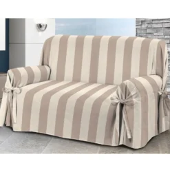 Copridivano con laccetti in panama Veronica - 2 posti beige a righe