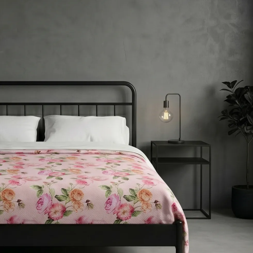 Copriletto Jacquard Floreale Matrimoniale a fiori rosa