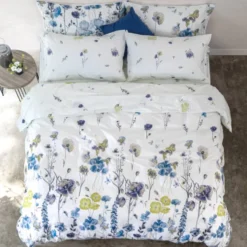 Copripiumino e federe in cotone matrimoniale Day Dream floreale blu