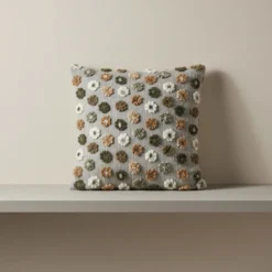 Cuscino in Lana Cotta 50x50 Margherite verdi su Fondo Grigio Stile Naturale