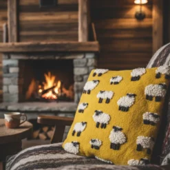 Cuscino in Lana Cotta 50x50 Pecorelle su Fondo Giallo Senape - Stile Chalet