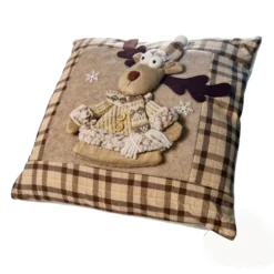 Cuscino NATALE arredo da divano 40x40 cm Renna beige ricamato