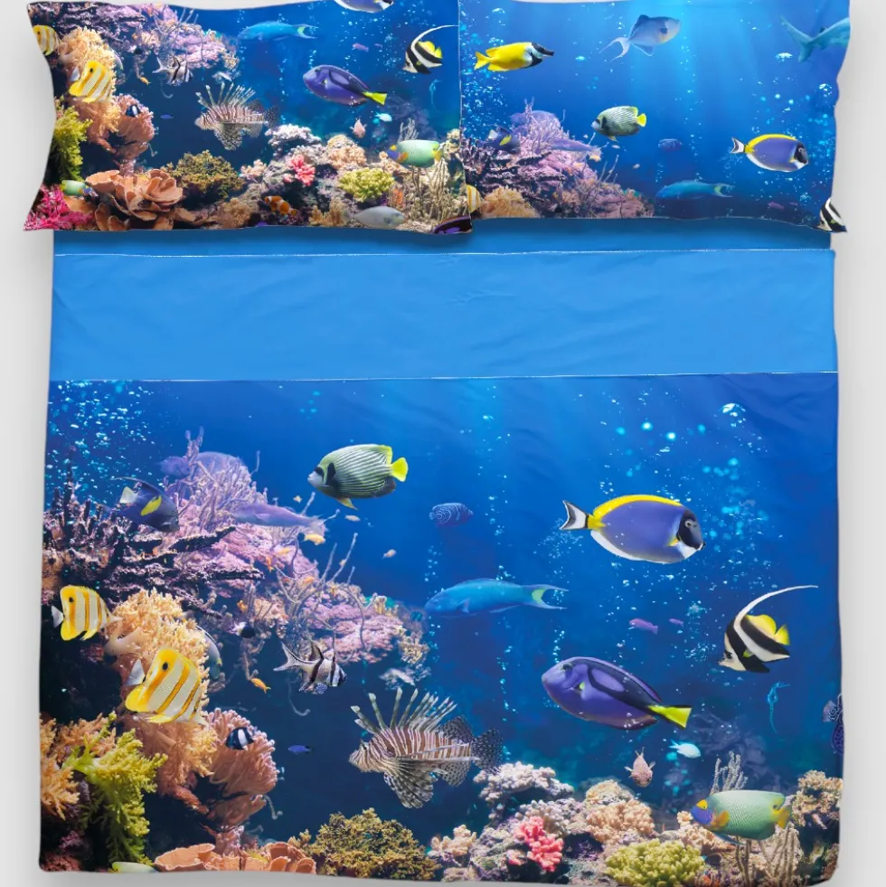 Lenzuola-copriletto in cotone Matrimoniale REEF fantasia marina