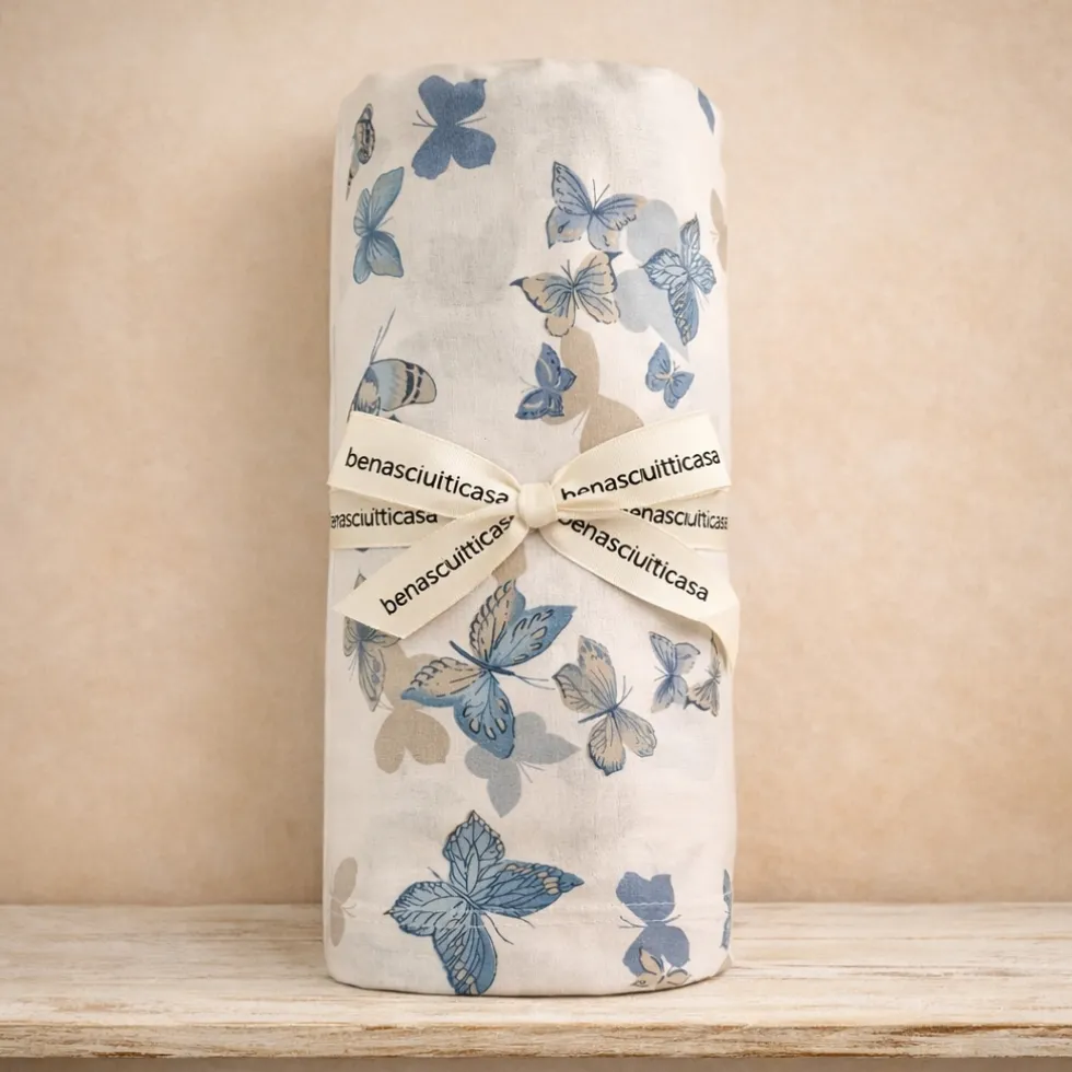 Lenzuola Matrimoniali completo in puro cotone Farfalle a primavera Blu